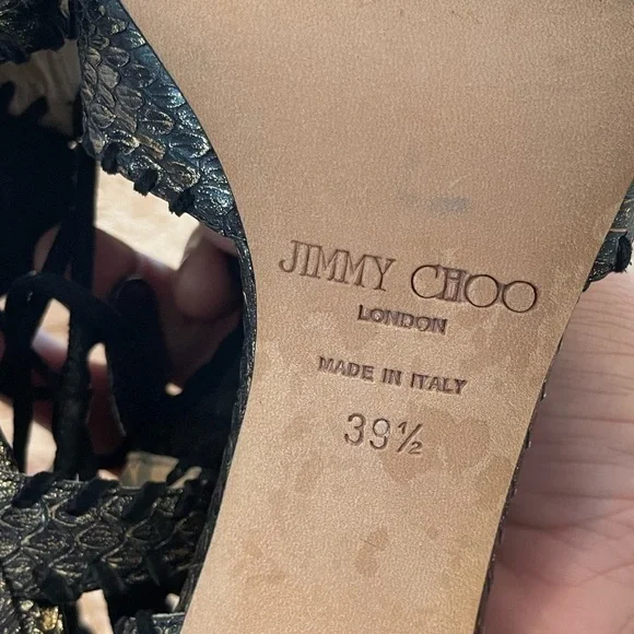 JIMMY CHOOBlack & Gold Snake Skin Print Suede Peep Toe Lace Up Heels39.5 9
